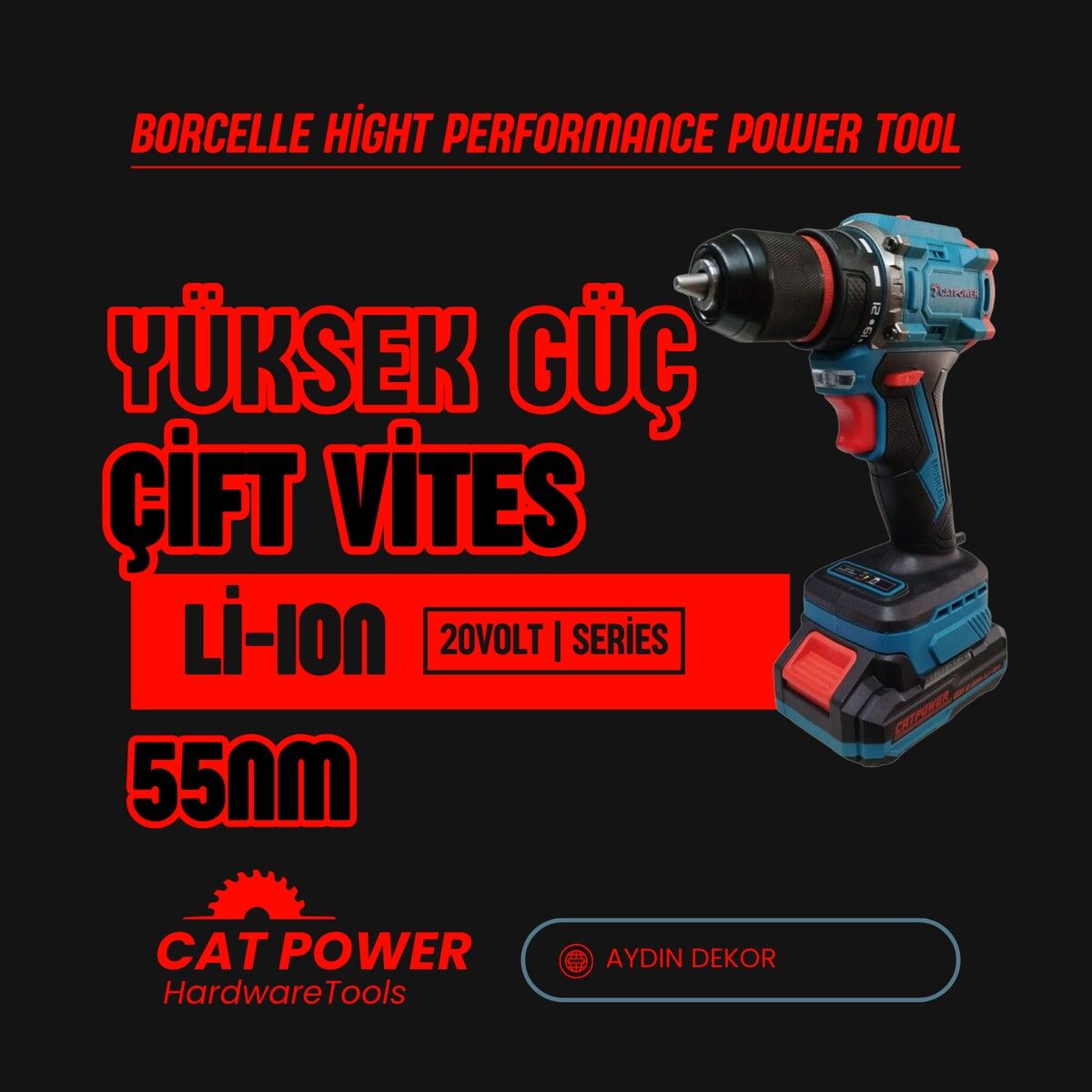 Catpower E1010 Çift Vitesli Darbeli 20V Şarjlı Matkap Hızlı Şarjlı 55NM Tork Kömürsüz Motor