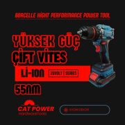Catpower E1010 Çift Vitesli Darbeli 20V Şarjlı Matkap Hızlı Şarjlı 55NM Tork Kömürsüz Motor