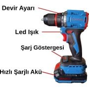 Catpower E1010 Çift Vitesli Darbeli 20V Şarjlı Matkap Hızlı Şarjlı 55NM Tork Kömürsüz Motor