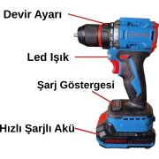 Catpower E1010 Çift Vitesli Darbeli 20V Şarjlı Matkap Hızlı Şarjlı 55NM Tork Kömürsüz Motor