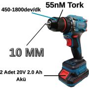 Catpower E1010 Çift Vitesli Darbeli 20V Şarjlı Matkap Hızlı Şarjlı 55NM Tork Kömürsüz Motor